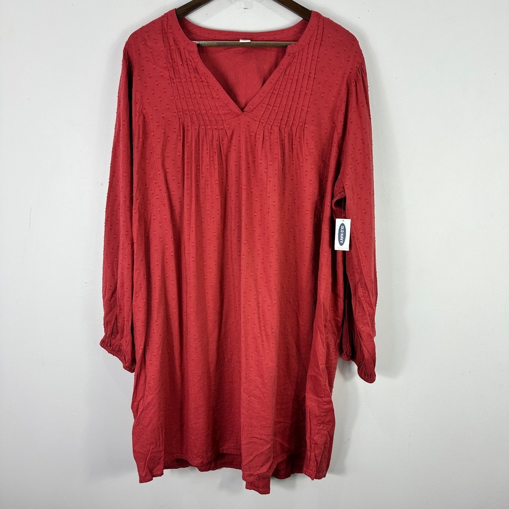Old Navy Boho Tunic Dress‎ XL Red Swiss Dot Cotton Blend Cottagecore Peasant